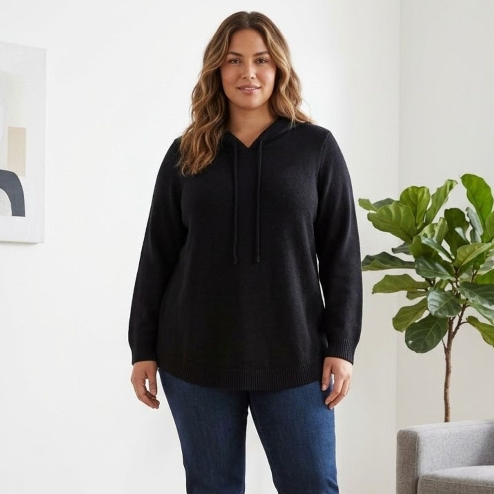 Lane Bryant Sweater Hoodie 18/20 Black Knit Curved Hem Long Sleeve Pullover Top‎